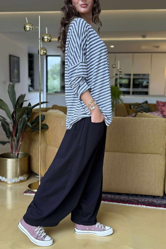 Made in Italy Perfect Breton V Long Sleeve Top Dark Grey - ** 